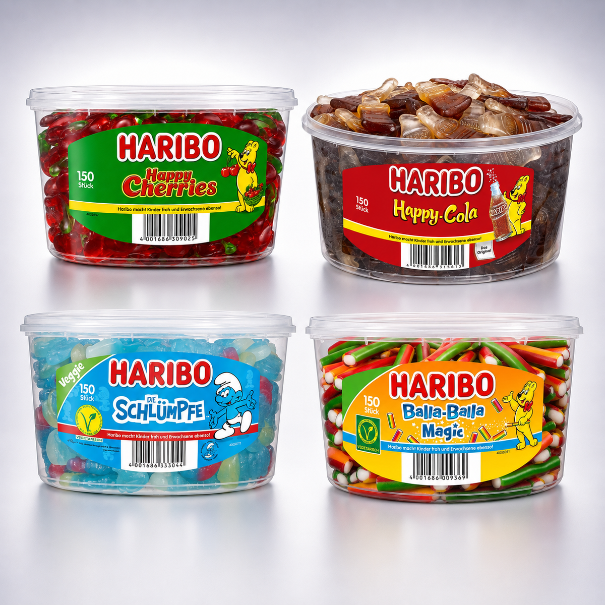 HARIBO Dose 4x SPARSET 150 Stück – Happy Cherries, Happy-Cola, Schlümpfe & Balla-Balla Magic | Fruchtgummi Vorrat