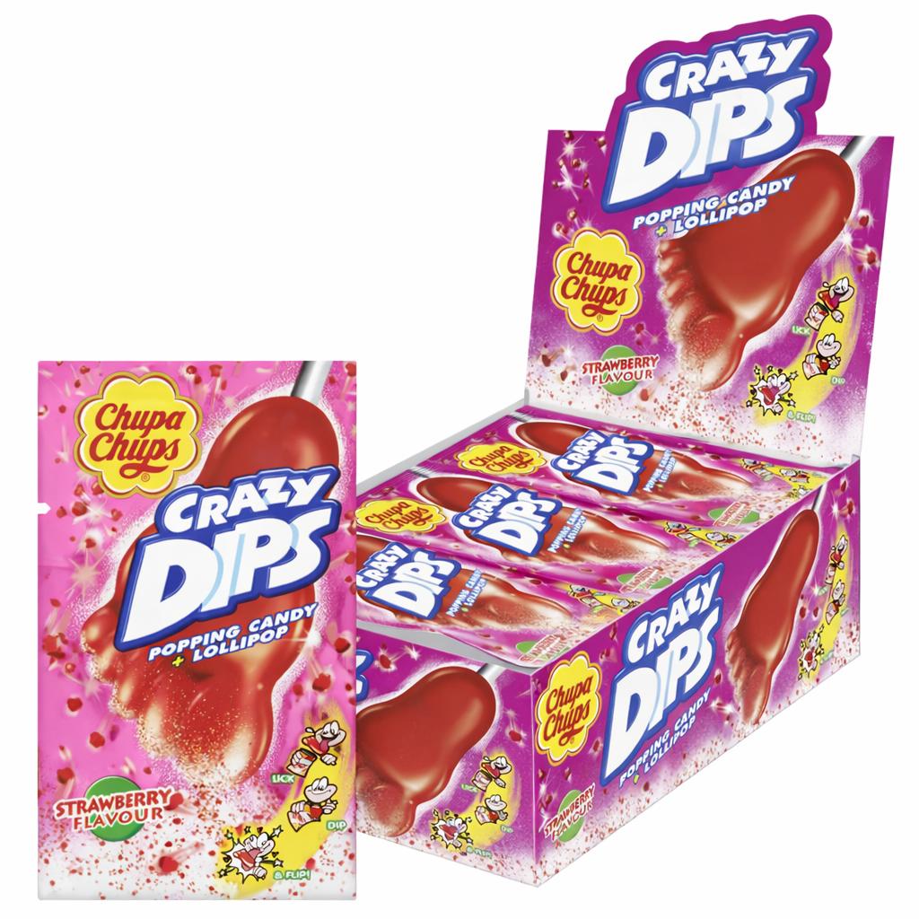 Chupa Chups Crazy Dips Erdbeere Lutscher mit Erdbeergeschmack & Brausepulver mit Knistereffekt 24er Karton | 24 x 14g