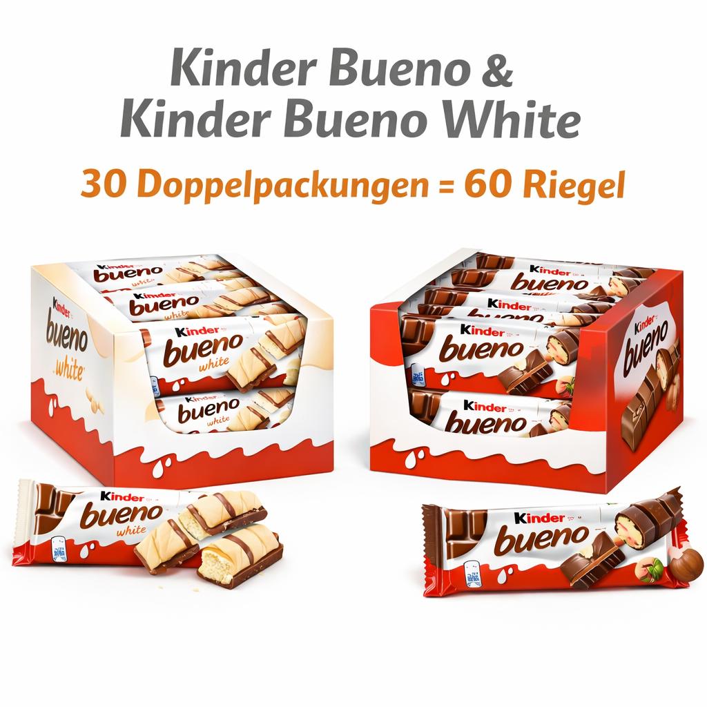 Kinder Bueno Schokolade - Box mit 30x2 Riegel - Kinder Bueno White, Kinder Bueno Original