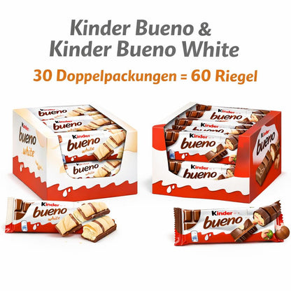 Kinder Bueno Schokolade - Box mit 30x2 Riegel - Kinder Bueno White, Kinder Bueno Original