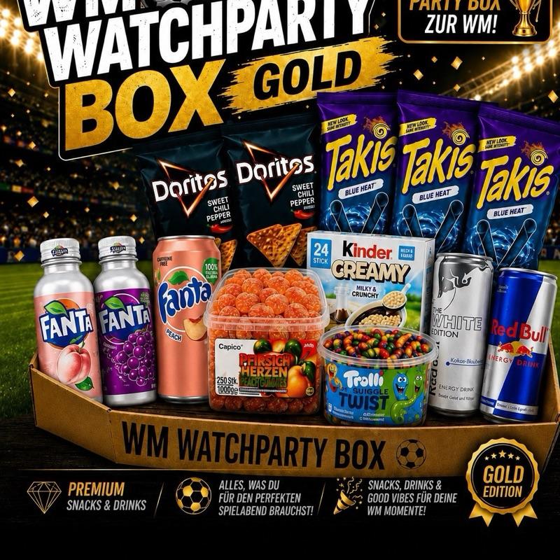WM Watchparty Box Gold & Silber - für die perfekte WM-Party - Limitierte Auflage - Premium Auswahl - Fanta, Red Bull, Kinder Creamy, Doritos, Takis