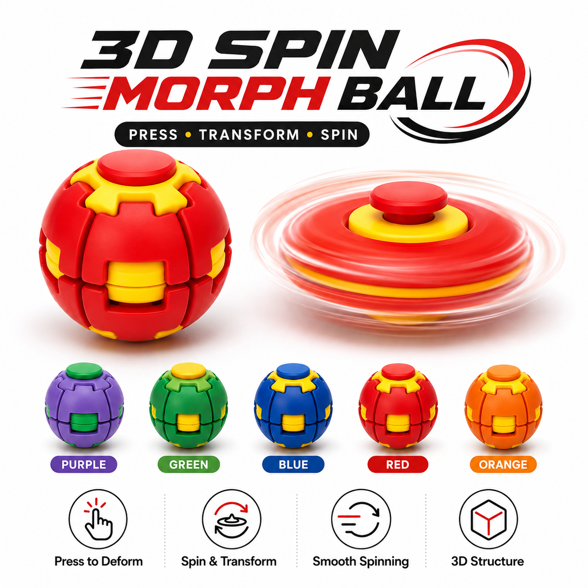 Fidget Spinner Ball 3D – Verformbarer Transforming Ball zum Drücken & Drehen – Anti Stress Spielzeug