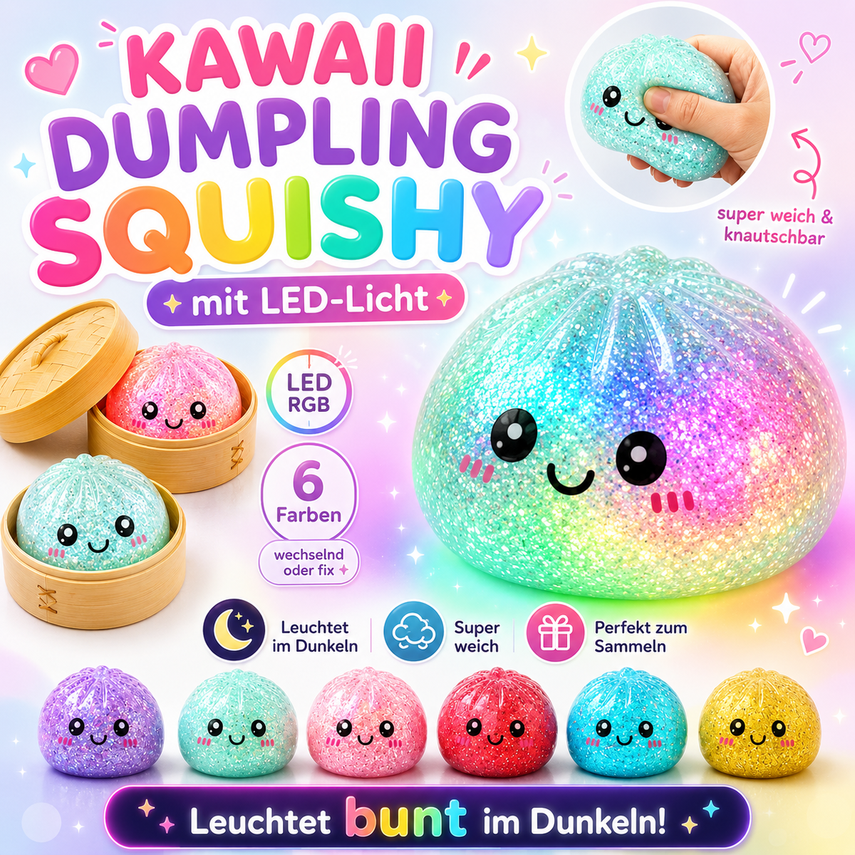 Squishy Dumpling Mistery Glitzer LED 8,5cm