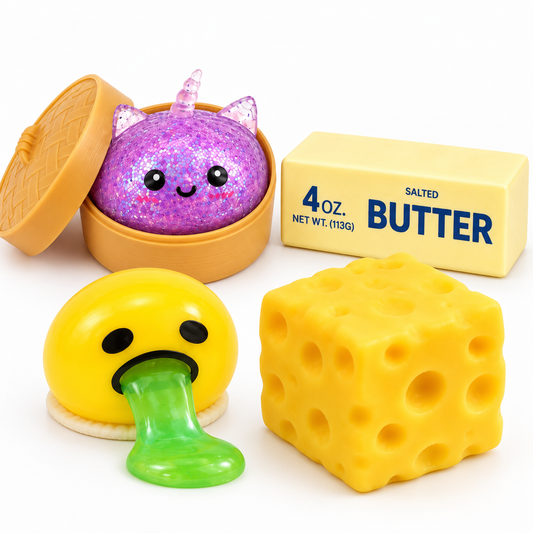 Squishy Bundle 4er Set – Glitzer Einhorn, Butter, Kotzender Smiley & Käse Squishy