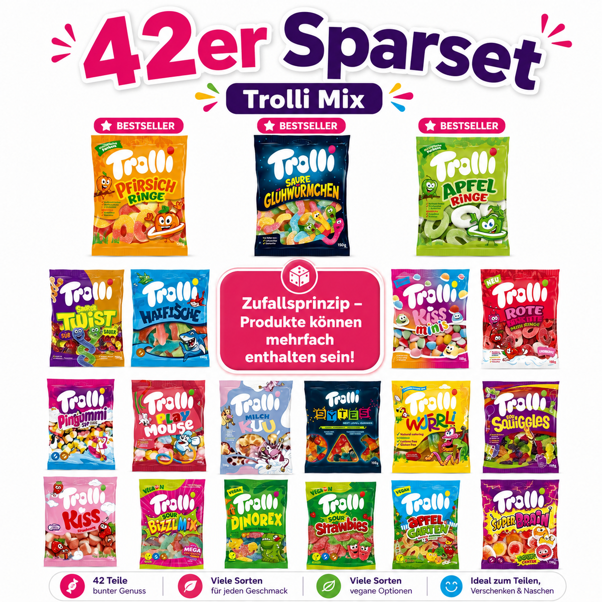 TROLLI Fruchtgummi SPARSET 42x150g Mix Box – Verschiedene Sorten