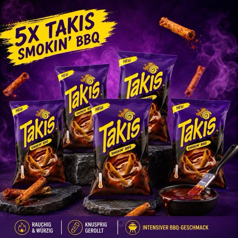 Takis Smokin' BBQ 100g - Knusprige Maischips mit intensivem Rauchig-Würzigen Geschmack für Filmabende und Freunde