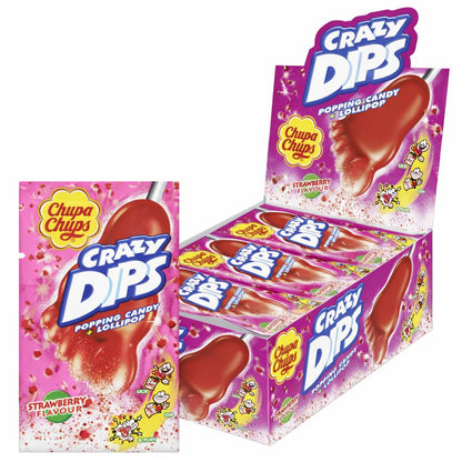 Chupa Chups Crazy Dips Erdbeere Lutscher mit Erdbeergeschmack & Brausepulver mit Knistereffekt 24er Karton | 24 x 14g