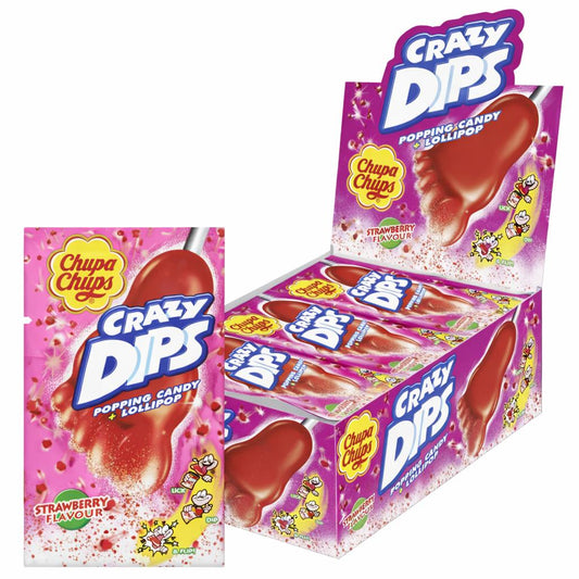 Chupa Chups Crazy Dips Erdbeere Lutscher mit Erdbeergeschmack & Brausepulver mit Knistereffekt 24er Karton | 24 x 14g