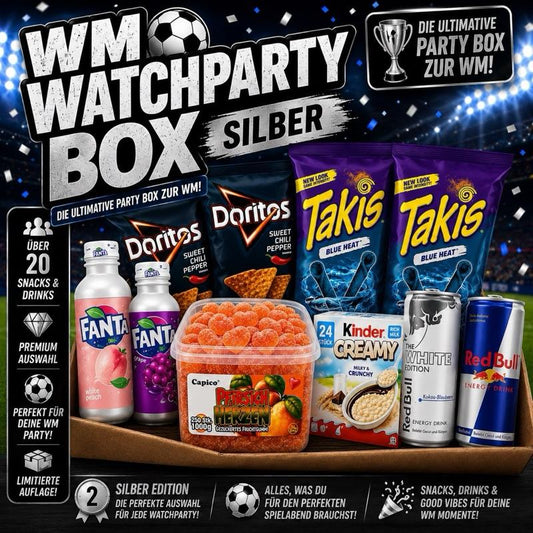 WM Watchparty Box Gold & Silber - für die perfekte WM-Party - Limitierte Auflage - Premium Auswahl - Fanta, Red Bull, Kinder Creamy, Doritos, Takis