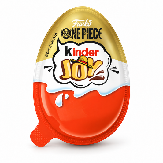 Kinder Joy One Piece Edition – goldene Verpackung auf weißem Hintergrund